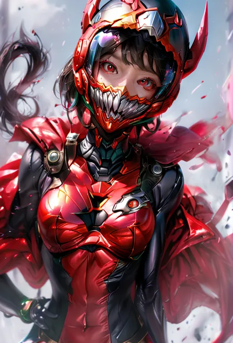 wearing a revealing combat suit、female kamen rider、miniskirt、red big eye helmet、combat posetongue out, excited, ahegao,