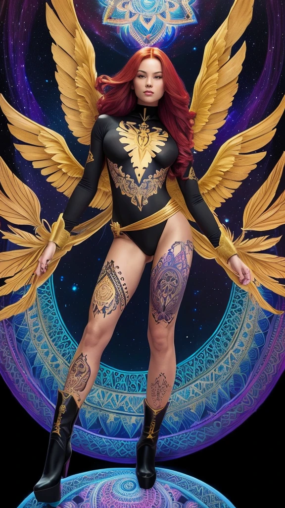 1girl, solo, Jean Grey of X-men, high leg cut out unitard of black and gold, boob window in unitard, ((thighs showing)), ((calf-high boots)), (color mandala tattoos on thighs:1.37), wings on hips, floating in space, arms out in power pose, contrapposto stance, dramatically colorful cosmic background, moody lighting, 16k, best quality, masterpiece, (wide angle:1.27), full length portrait