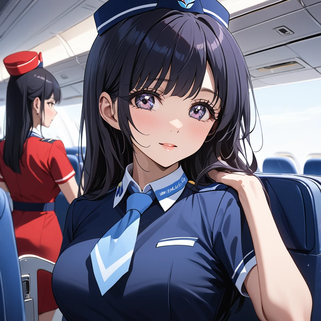 ((Highest quality)), ((masterpiece)), (detailed), （Perfect Face）、The woman is Reika Aoki with semi-long hair、The woman is a flight attendant for a Chinese airline.、She is a flight attendant in a red uniform and serves as a model for public relations activities.