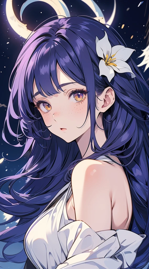 anime girl 20 years old with narrow yellow eyes, a smoll mole under the eye, bruises under the eye, inconspicuous freckles on the nose, straight dark purple-blue hair below the shoulders and oblique long bangs covering the left eye, pale clean skin, tired look, breasts of the second size, low height