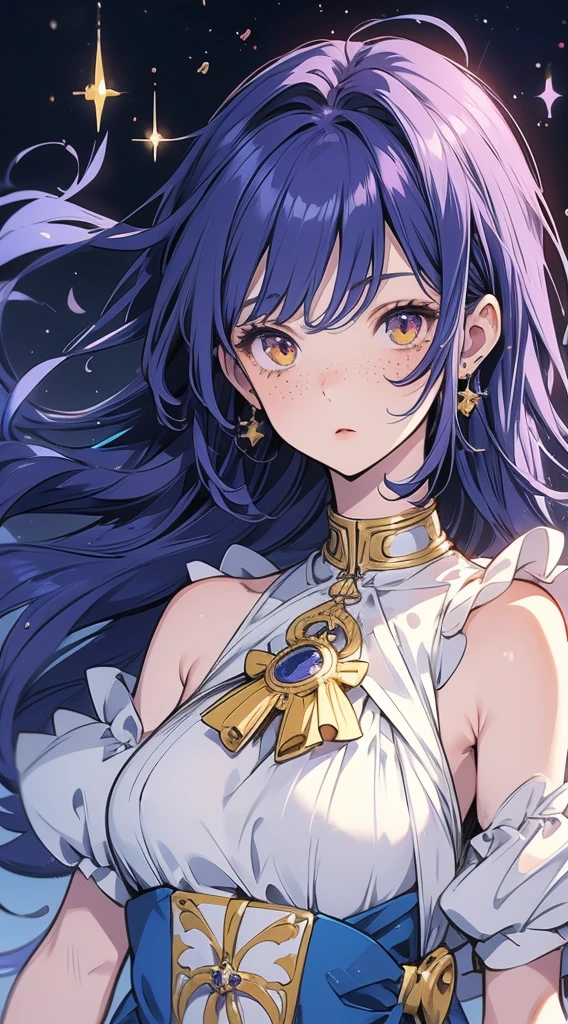 anime girl 20 years old with narrow yellow eyes, a smoll mole under the eye, bruises under the eye, inconspicuous freckles on the nose, straight dark purple-blue hair below the shoulders and oblique long bangs covering the left eye, pale clean skin, tired look, breasts of the second size, low height