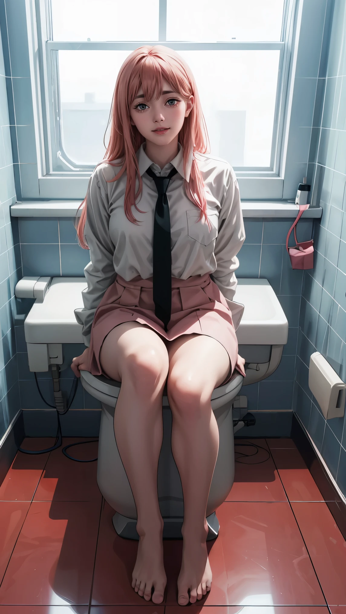 One person、Long pink hair、Red Corner、White collared shirt、Black tie、Bright smile、Yellow Eyes、Red horn、horny_power、Sit on the toilet、Absurd、Detailed eyes、Very detailed、Volumetric lighting、Real、Realな照明、8k、Cinematic lighting、Depth of written boundary、perfection、Super detailed、Photorealistic、超Real、Realな光、Hard Lighting、Intricate details、Stop Motion、Tone Mapping、Sharp Focus、Super detailed、