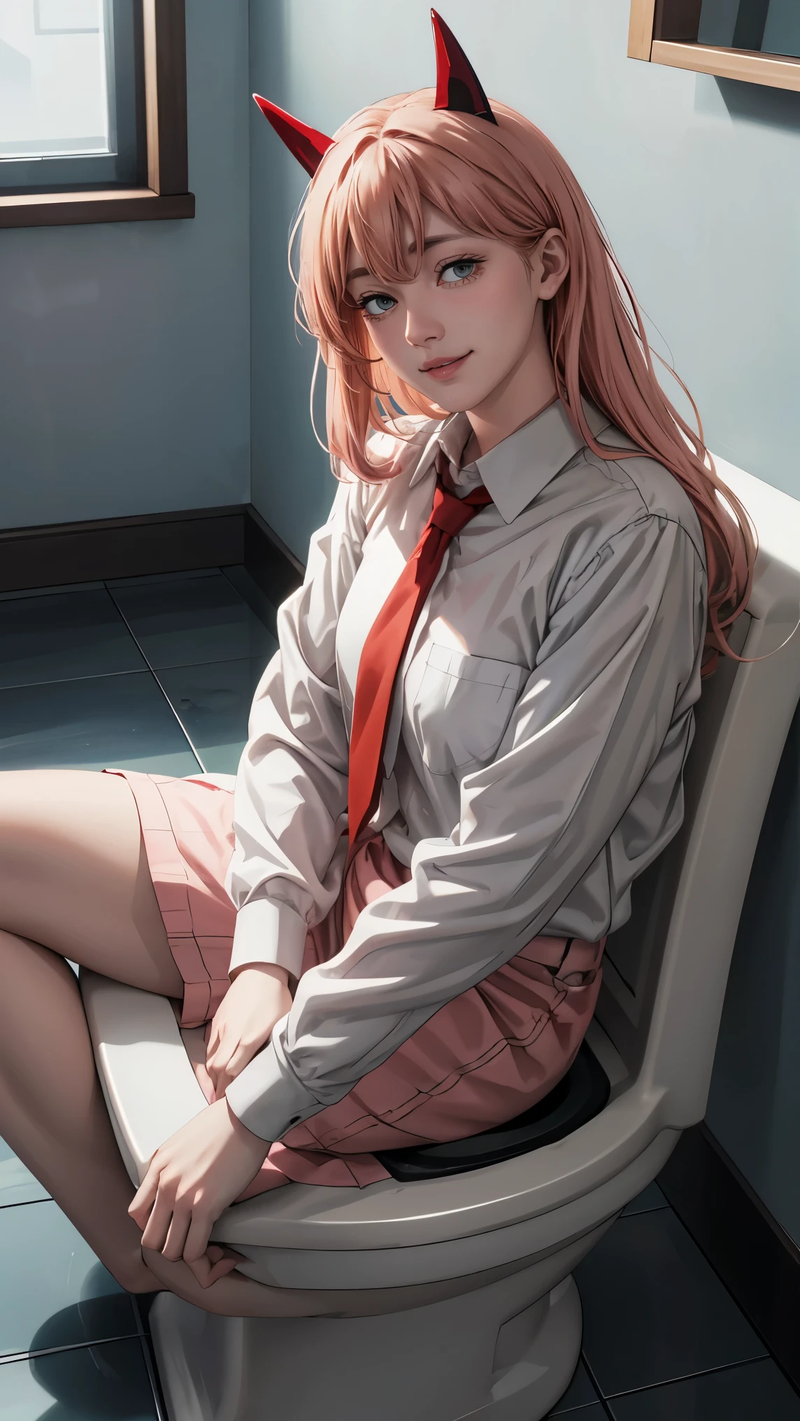 One person、Long pink hair、Red Corner、White collared shirt、Black tie、Bright smile、Yellow Eyes、Red horn、horny_power、Sit on the toilet、Fearless smile、Absurd、Detailed eyes、Very detailed、Volumetric lighting、Real、Realな照明、8k、Cinematic lighting、Depth of written boundary、perfection、Super detailed、Photorealistic、超Real、Realな光、Hard Lighting、Intricate details、Stop Motion、Tone Mapping、Sharp Focus、Super detailed、