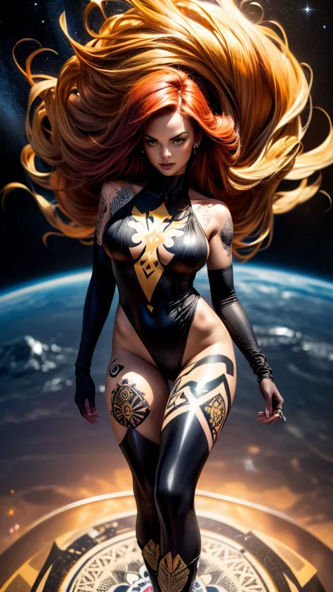 1girl, solo, jean grey of x-men, high leg cut out unitard of black and gold, boob window in unitard, ((thighs showing)), ((calf-...