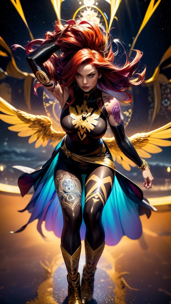 1girl, solo, Jean Grey of X-men, high leg cut out unitard of black and gold, boob window in unitard, ((thighs showing)), ((calf-high boots)), (color mandala tattoos on thighs:1.37), wings on hips, floating in space, arms out in power pose, contrapposto stance, dramatically colorful cosmic background, moody lighting, 16k, best quality, masterpiece, (wide angle:1.27), full length portrait