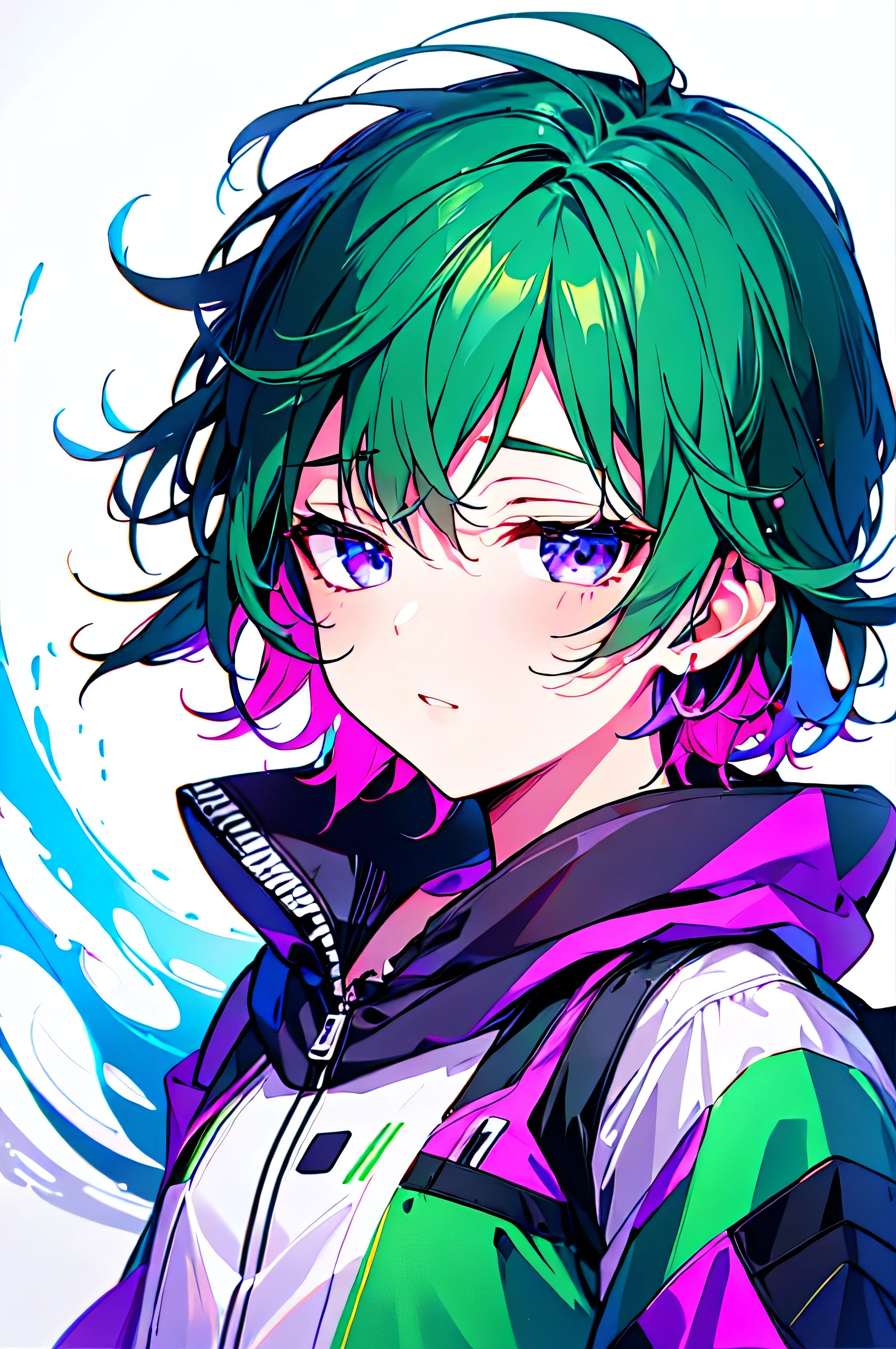 [(WHITE BACKGROUND:1.5),::5], ((((masterpiece)))), high quality, ultra_very_high_resolution, large_filesize, full color, (((solo))), ((little boy)), (((green short hair))), purple eyes, anime, upper body, neon light, black parka,