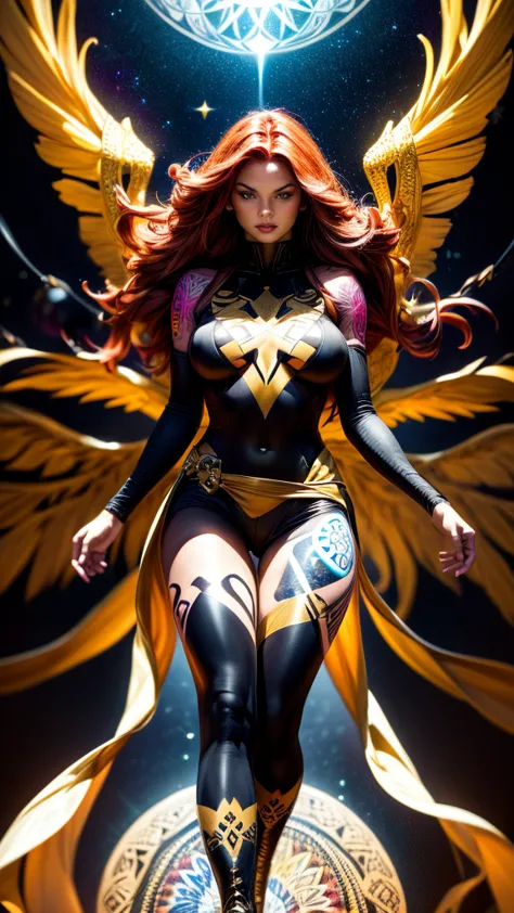 1girl, solo, jean grey of x-men, high leg cut out unitard of black and gold, boob window in unitard, ((thighs showing)), ((calf-...