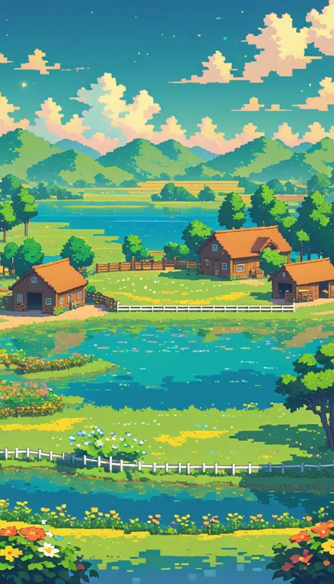 ultrawide landscape lofi stardew valley pixel, lagoon, no people ,cow and horse stables