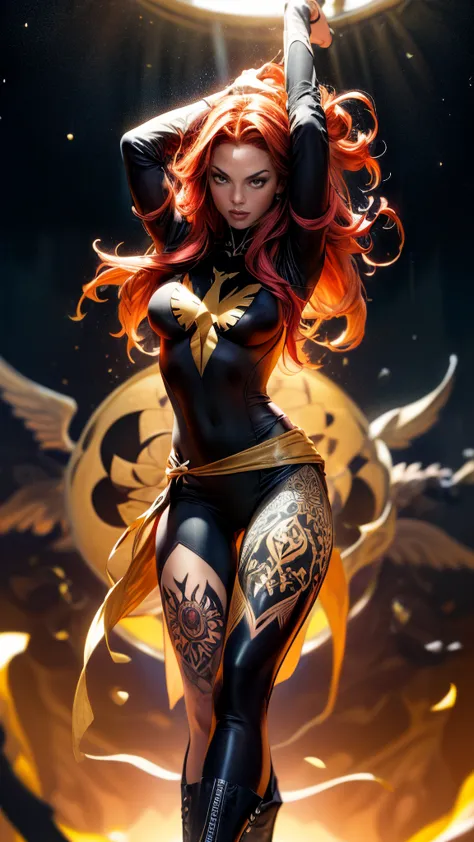 1girl, solo, jean grey of x-men, high leg cut out unitard of black and gold, boob window in unitard, ((thighs showing)), ((calf-...