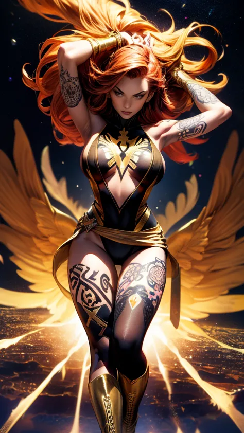 1girl, solo, jean grey of x-men, high leg cut out unitard of black and gold, boob window in unitard, ((thighs showing)), ((calf-...