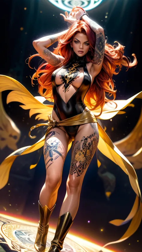 1girl, solo, jean grey of x-men, high leg cut out unitard of black and gold, boob window in unitard, ((thighs showing)), ((calf-...