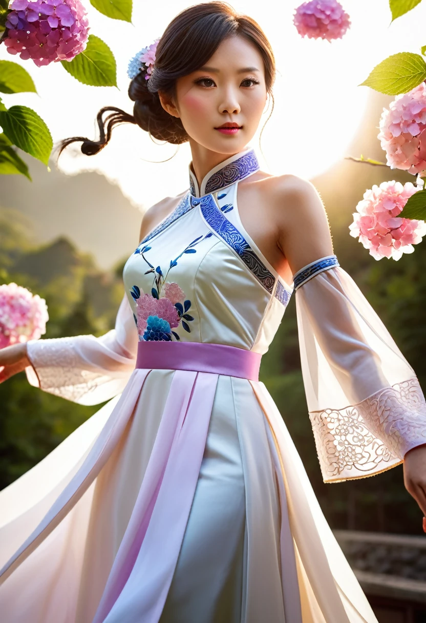 (masterpiece), best quality, High resolution, Super detailed, character close up, A beautiful white dress in Chinese style, Chinese dress, Exquisite details, Cheongsam is beautiful and elegant, Colorful, Clothes float, dramatic angle, Get close to nature (close up), Require, Warm colors like sunshine focus on personal warmth, Champagne, Details highlighted, extra long ribbon, Open it, whole body, Many detailed elements, pink petals, Sunlight on skin, splendor, hairpin, hydrangea, boudoir.