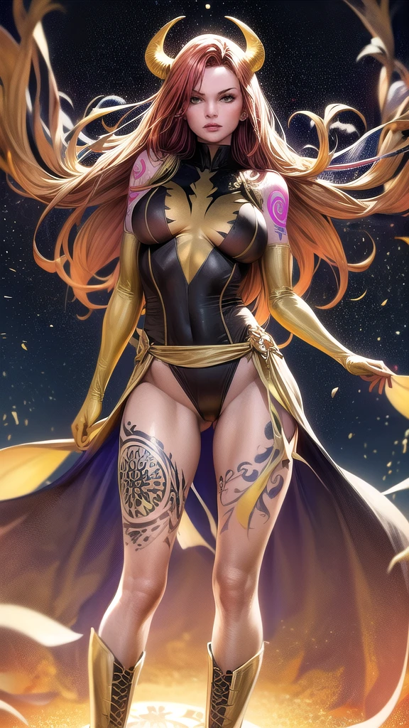 1girl, solo, Jean Grey of X-men, high leg cut out unitard of black and gold, boob window in unitard, ((thighs showing)), ((calf-high boots)), (color mandala tattoos on thighs:1.37), wings on hips, floating in space, arms out in power pose, contrapposto stance, dramatically colorful cosmic background, moody lighting, 16k, best quality, masterpiece, (wide angle:1.27), full length portrait