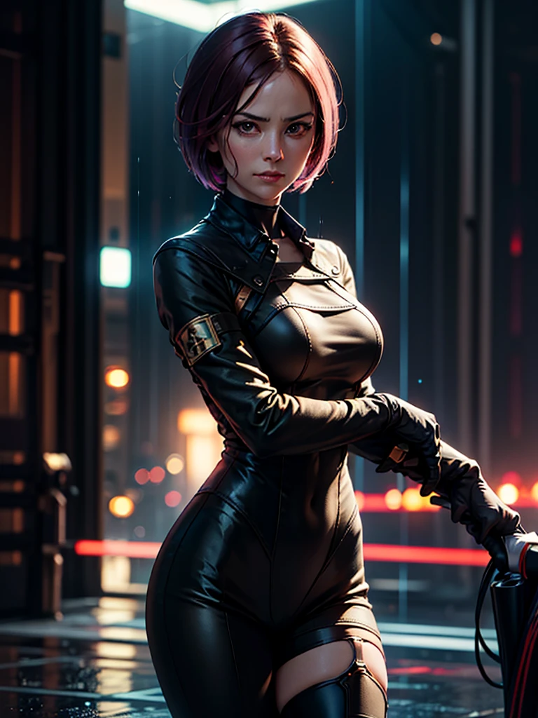 (at night), in a video game scene in the background a beautiful city at night raining, alone, alone, Standing at attention, pink suit, woman's military suit, semi-short hair, ((semi-short hair)), 1 girl, 30 years old, young woman, perfect hands, beautiful fingers, beautiful long legs, beautiful body, beautiful nose, beautiful character design, perfect face, looking straight at the viewer with a serious and angry gesture, she has a whip in her hands ( focusing on his face), closed mouth, light_smile, official art, Extremely detailed CG unity 8k wallpaper, Perfect lighting, bright and colorful front lighting, glowing skin (masterpiece: 1.0), (Best_quality: 1.0), ultra high resolution , 4k, ultra detailed photography, 8K, hdr, High resolution, Nonsense:1.2, Kodak portrait 400, film grain, Blurred background, bokeh:1.2, Lens flare, (vibrant_color:1.2), professional photography, (Beautiful, breasts: 1.4), (Beautiful_face: 1.5), (narrow waist),
