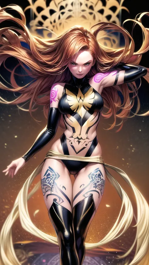 1girl, solo, jean grey of x-men, high leg cut out unitard of black and gold, boob window in unitard, ((thighs showing)), ((calf-...