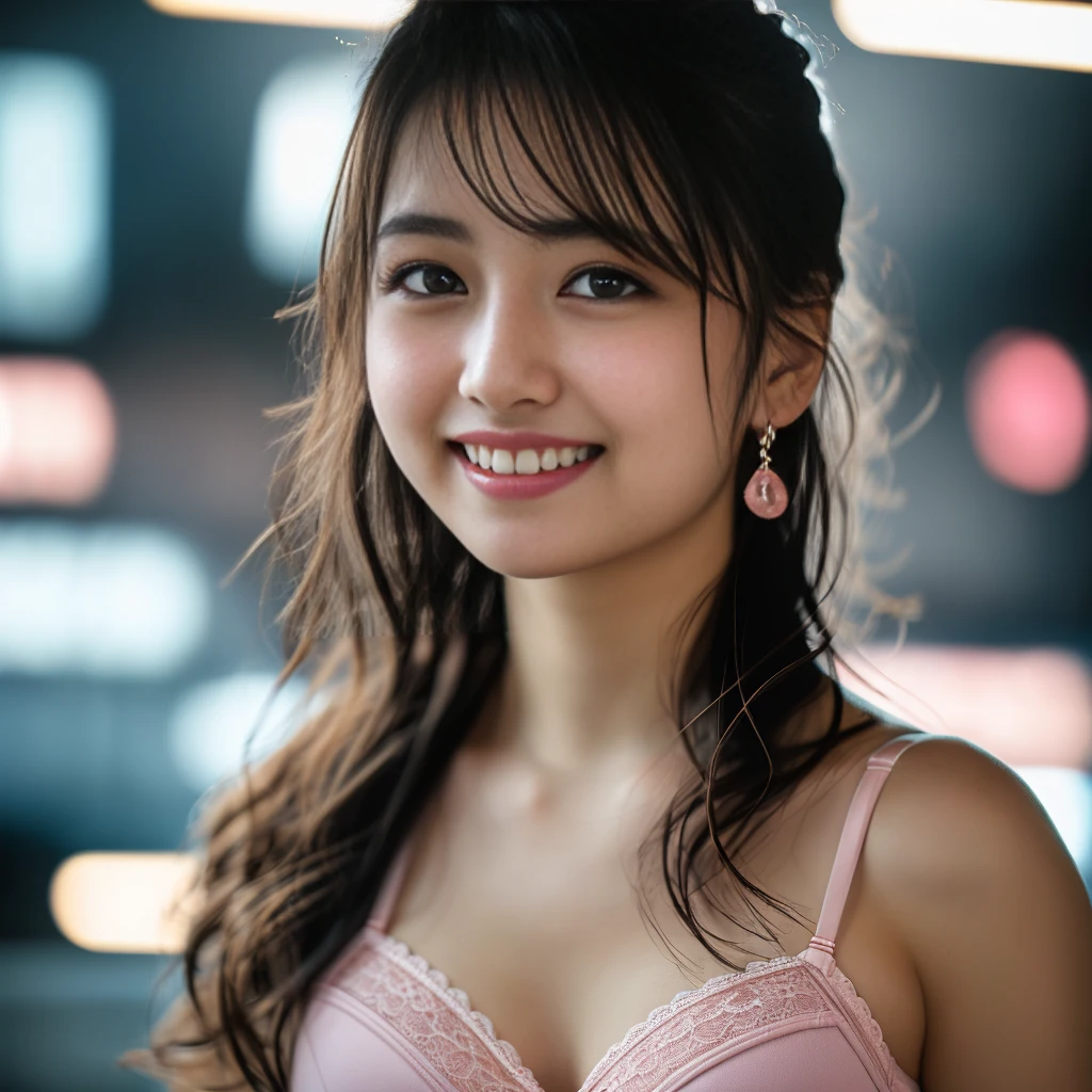 (8k, RAW Photos,Highest quality, High resolution:1.1), (Ultra-realistic:1.4),(Realistic:1.4), Realistic Face,Realistic Body,Realistic Skin,masterpiece,(cute:1.8), Japanese, ((sexy pink bra)), Upper Body, Beautiful dark eyes,Innocent eyes,Cinema Lighting,Film Grain,jewelry,Earrings,((Medium Hair:1.1)),Cherry colored lips,Hair Ribbon,ponytail,Audience,Long Hair,,Open your lips,Upper teeth, (Smiling Eyes:0.6),((Grin:1.3)),Blurred Background, Eye focus , Bokeh,young, 85mm lens, Photon Mapping,Radio City,