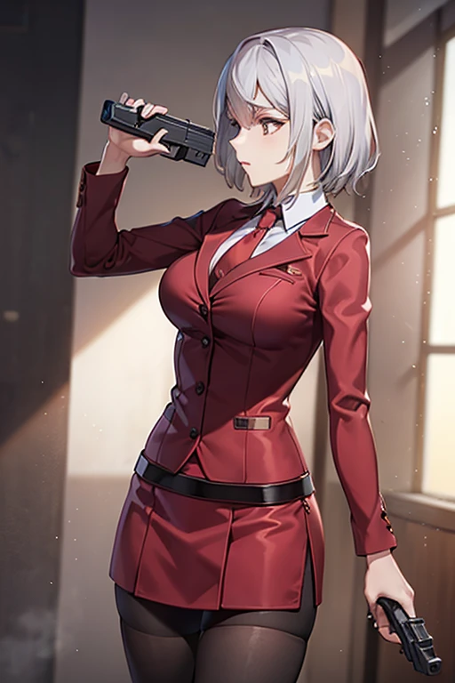 Highest quality、Ultra HD、One Woman、(Silver short hair)、(Red blazer 1.3)、(Red tie)、(shirt)、(Red Heel 1.1)、((Red Mini Tight Skirt))、((Black tights 1.2))、((Shooting with a gun in each hand.5))、Stylish、Beautiful Faces、(Black belt 1.2)、2 female、Glamorous Body、(Sunset slum background 1.2)、((A clear and beautiful touch))