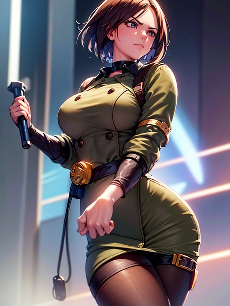 (at night), in a video game scene in the background, a beautiful city at night, raining, alone, standing looking straight ahead, green female military suit, semi-short hair, ((semi-short hair)), 1 girl, 30 years old, young woman, perfect hands, Beautiful fingers, Beautiful long legs, Beautiful body, Beautiful nose, Beautiful character design, perfect face, looking straight at the viewer with a serious and angry gesture, she has a whip clutched in her hand (focusing on his face), closed mouth, light_smile, official art, Extremely detailed CG unity 8k wallpaper, Perfect lighting, bright and colorful front lighting, glowing skin (masterpiece: 1.0), (Best_quality: 1.0), ultra High resolution, 4k, ultra detailed photography, 8K, hdr, High resolution, Nonsense:1.2, Kodak portrait 400, film grain, Blurred background, bokeh:1.2, Lens flare, (vibrant_color:1.2), professional photography, ( Beautiful, breasts: 1.4), (Beautiful_face: 1.5), (narrow waist),
