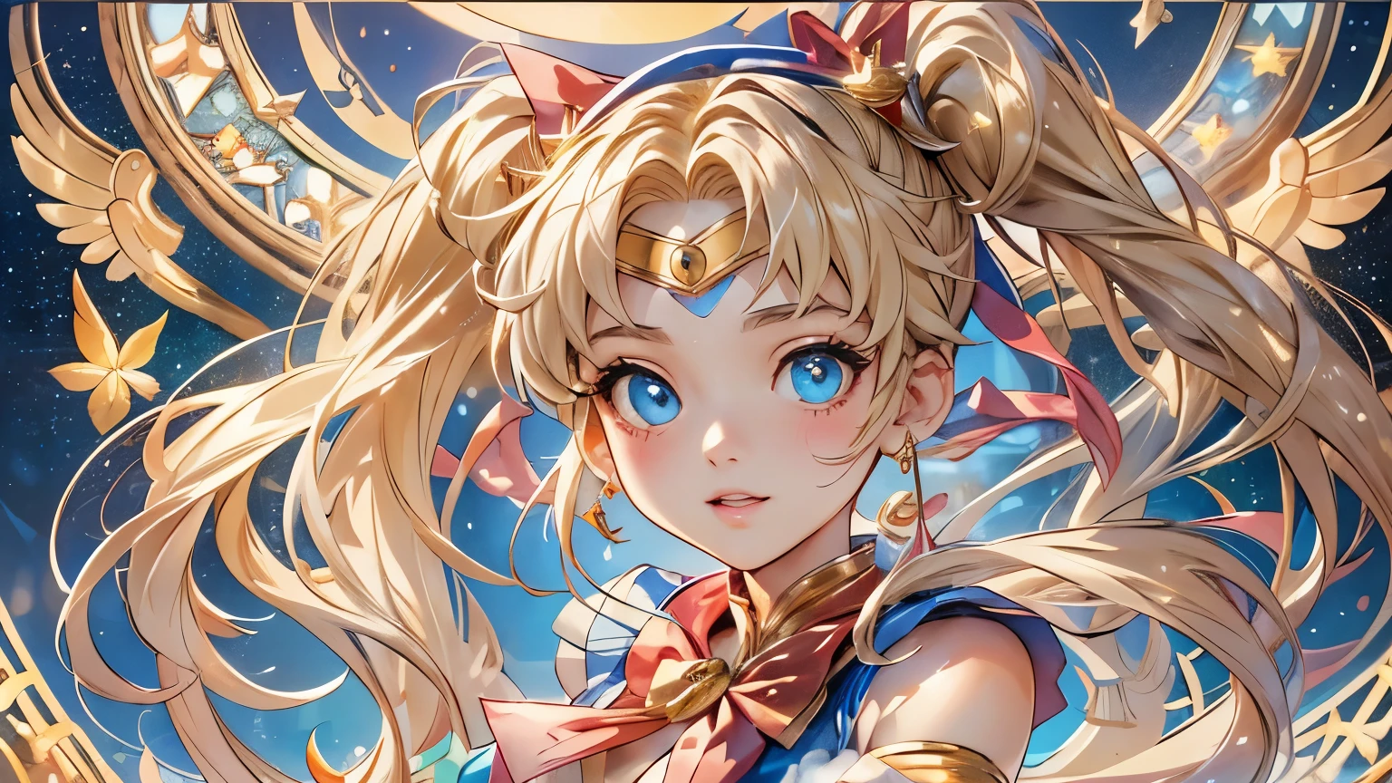 Draw Sailor Moon in her signature sailor suit, including the golden tiara, the red bow on the chest and the blue skirt. Make sure to include her long blonde hair in two pigtails with crescent moon decorations. The pose must be dynamic, as if in the middle of a magical transformation, with light effects and flashes around. The background can be a starry sky or a nighttime urban scene..
