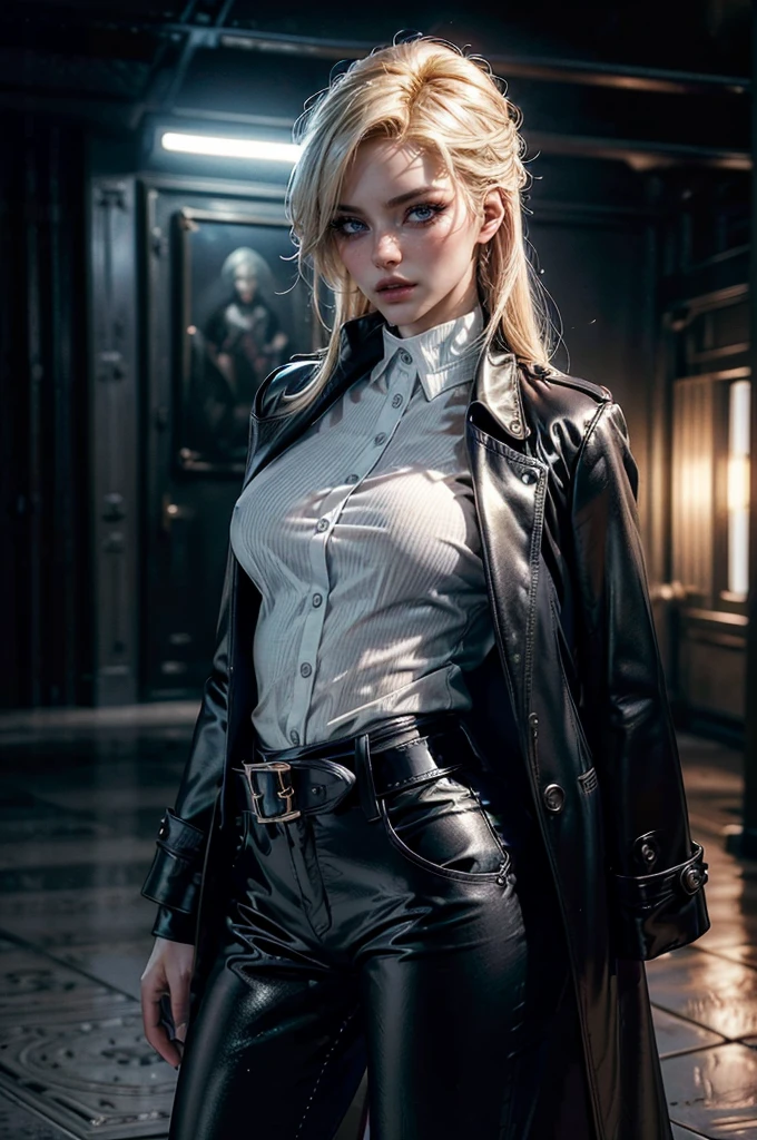 cowboy shot,a pretty 2 girl,blond hair,blue eyes,lora_Emma,slim athletic body,tight and stretched white blouse with buttons,button gap,short sleeves,ultra low rise black shiny latex pants,(double metal belt),empty studiobackground,((black coat on shoulders)),(best quality,4k,8k,highres,masterpiece:1.2),ultra-detailed,(realistic,photorealistic,photo-realistic:1.37),dramatic lighting,cinematic,fashion photography,studio lighting,high contrast,vivid colors,beautiful detailed eyes,beautiful detailed lips,extremely detailed eyes and face,long eyelashes, touching hair