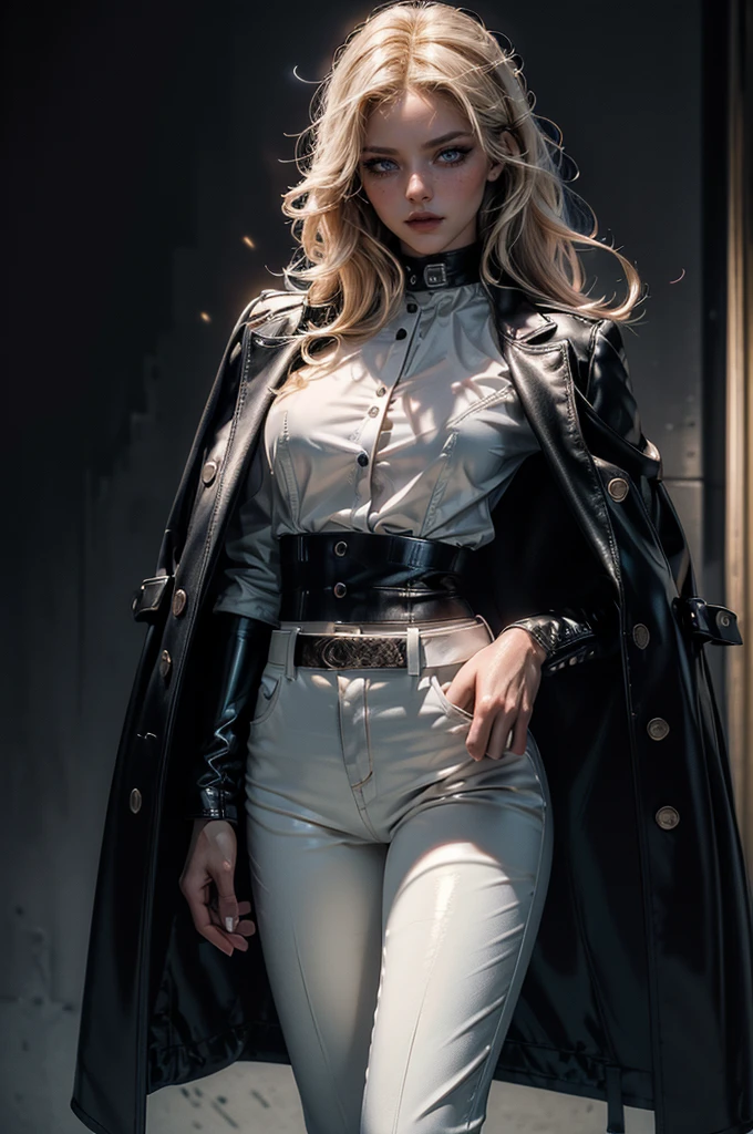 cowboy shot,a pretty 2 girl,blond hair,blue eyes,lora_Emma,slim athletic body,tight and stretched white blouse with buttons,button gap,short sleeves,pokies,ultra low rise black shiny latex pants,(double metal belt),empty studiobackground,((black coat on shoulders)),(best quality,4k,8k,highres,masterpiece:1.2),ultra-detailed,(realistic,photorealistic,photo-realistic:1.37),dramatic lighting,cinematic,fashion photography,studio lighting,high contrast,vivid colors,beautiful detailed eyes,beautiful detailed lips,extremely detailed eyes and face,long eyelashes, touching hair