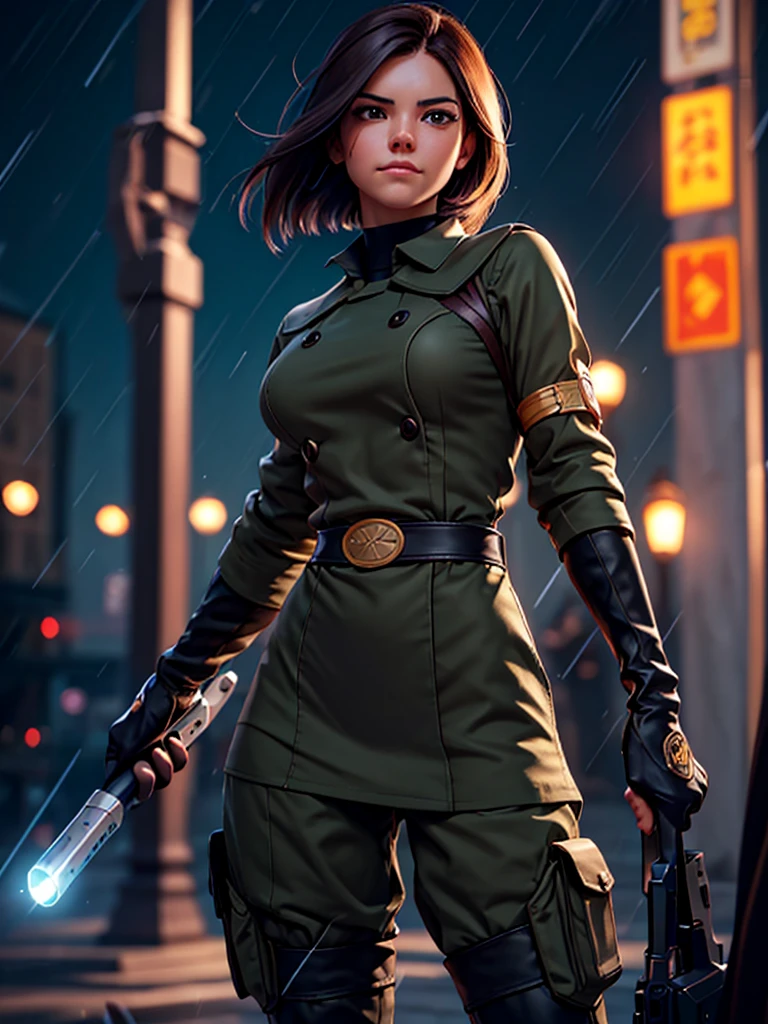 (at night), in a video game scene in the background of a beautiful city at night, raining, alone, standing looking straight ahead, a green woman's military suit, black gloves, semi-short hair, ((hair semi short)), 1 girl, 30 years old, young woman, perfect hands, Beautiful fingers, Beautiful long legs, Beautiful body, Beautiful nose, Beautiful character design, perfect face, looking straight at the viewer with a serious and annoyed gesture, brings grabbed a whip in his black hand (focusing on his face), closed mouth, light_smile, official art, extremely detailed CG unity 8k wallpaper, perfect lighting, bright and colorful front lighting, glowing skin (masterpiece: 1.0) , (Best_quality: 1.0), ultra High resolution, 4k, ultra detailed photography, 8K, hdr, High resolution, Nonsense:1.2, Kodak portrait 400, film grain, Background blur, bokeh:1.2, Lens flare, (vibrant_color :1.2), professional photography, (Beautiful, breasts: 1.4), (Beautiful_face: 1.5), (narrow waist),
