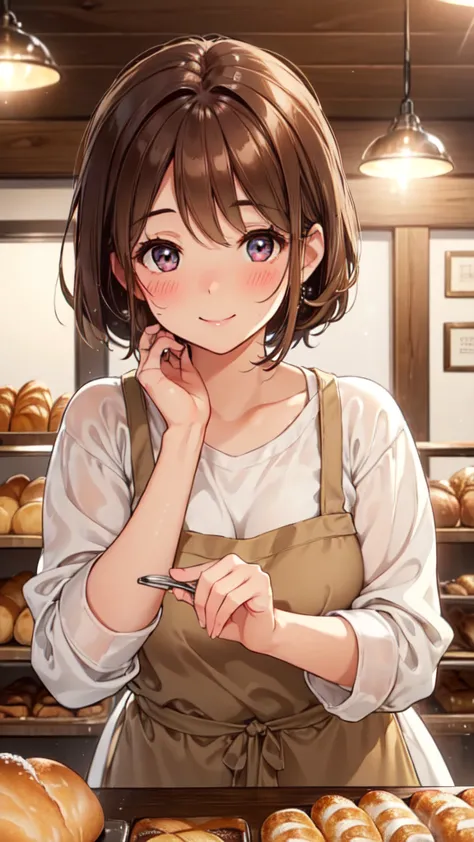 (high quality, high resolution, fine details), a bakery staff working in a cozy bakeshop, freshly baked bread, warm lighting, vi...