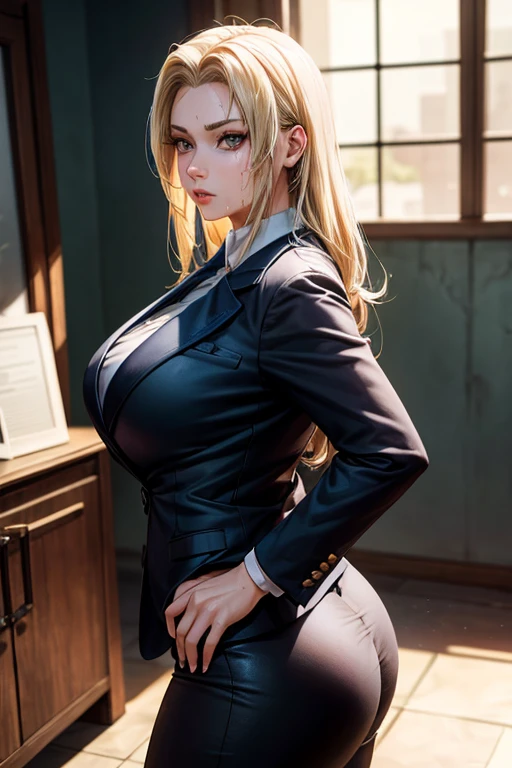 masterpiece, Highest quality,  (Unreal Engine),  Super Resolution,  Very detailed, Complex, colorful, Clear images, Sharp focus, Digital Blending, 

One Woman, Senju Tsunade, Tsunade, Big Breasts, Saggy breasts, Butt, Perfect Eyes, Perfect Face, Ultra detailed hair, Ultra detailed face, Very detailed lips, Vivid expression, Healthy Body, Beautifully detailed sweat glands, Smooth skin texture, Carefully drawn,

((humidity:1.2), Sticky with sweat), (Wear a tight business suit,Bold sexy pose),  

indoor, At work in the city, (Shot on Sony α9, Dynamic Angle), Browsing Caution, 