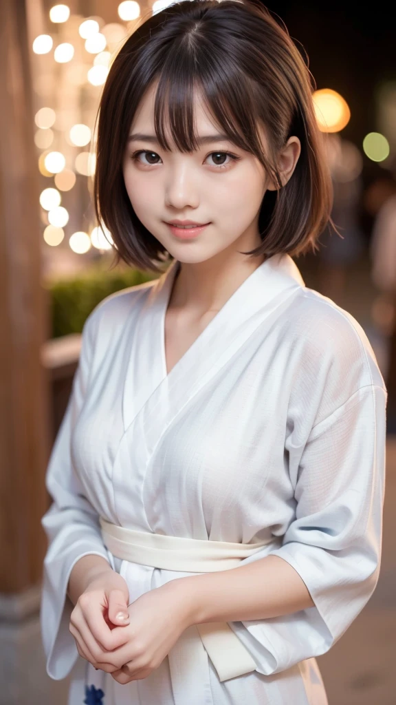 8k,Highest quality,(masterpiece:1.2),(Realistic),(Realistic:1.37),Ultra-high resolution,1 female college student,Fireworks display,night,smile,Beautiful Eyes,(((Cute Yukata))),Perfect body,Perfect Fingers,Professional Lighting,gravure,Detailed face and skin texture,fine grain,RAW Photos、White dress