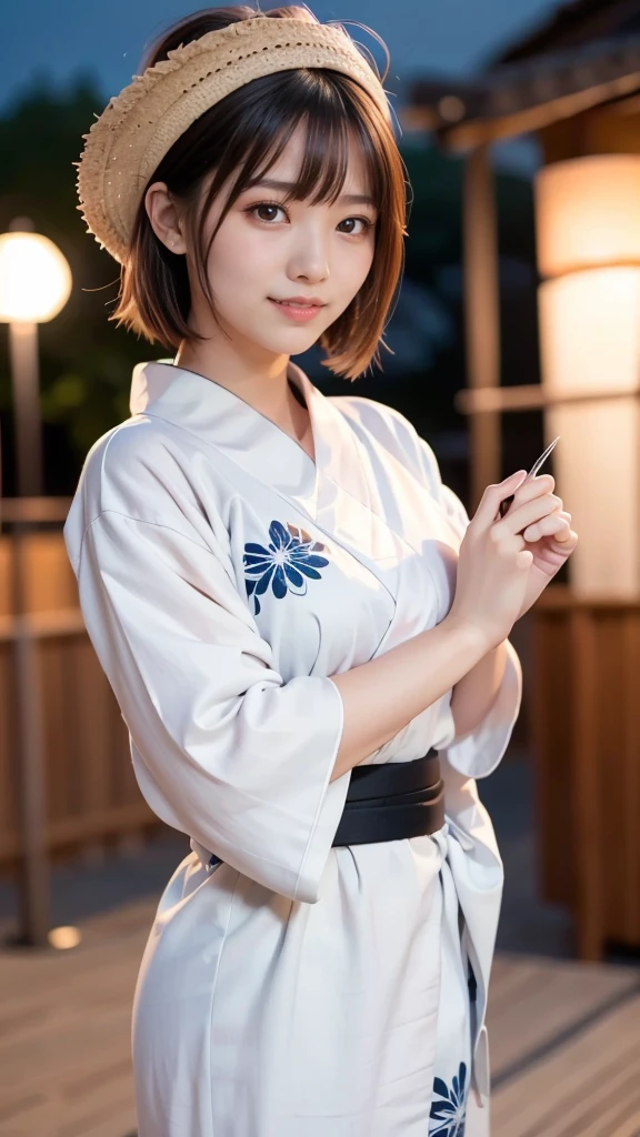 8k,Highest quality,(masterpiece:1.2),(Realistic),(Realistic:1.37),Ultra-high resolution,1 female college student,Fireworks display,night,smile,Beautiful Eyes,(((Cute Yukata))),Perfect body,Perfect Fingers,Professional Lighting,gravure,Detailed face and skin texture,fine grain,RAW Photos、Wearing white clothes、Straw hat