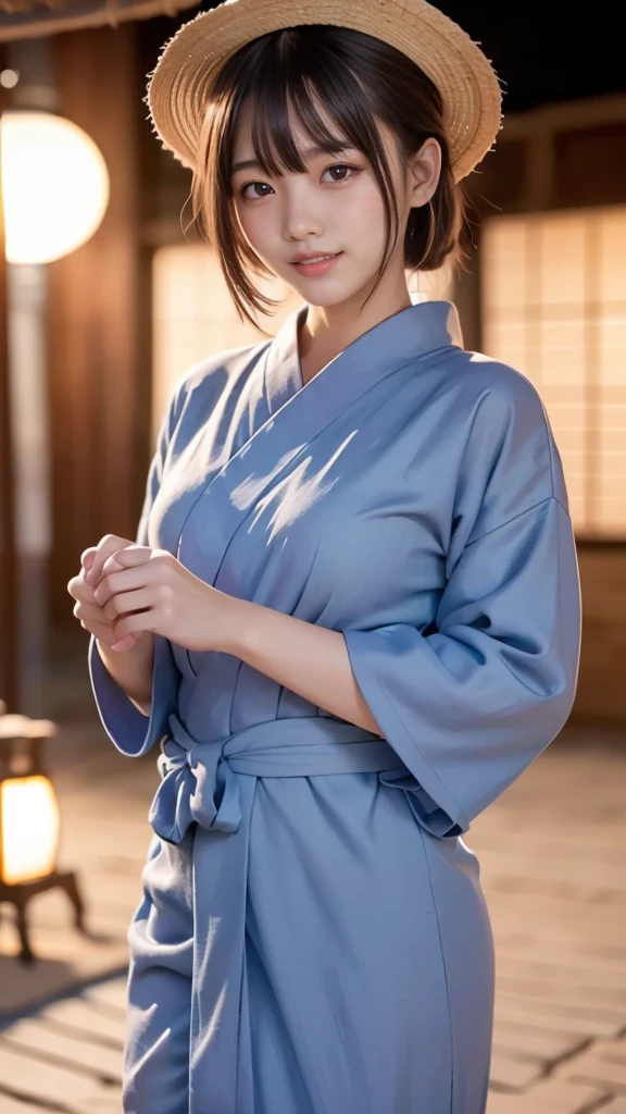 8k,Highest quality,(masterpiece:1.2),(Realistic),(Realistic:1.37),Ultra-high resolution,1 female college student,Fireworks display,night,smile,Beautiful Eyes,(((Cute Yukata))),Perfect body,Perfect Fingers,Professional Lighting,gravure,Detailed face and skin texture,fine grain,RAW Photos、Wearing white clothes、Straw hat