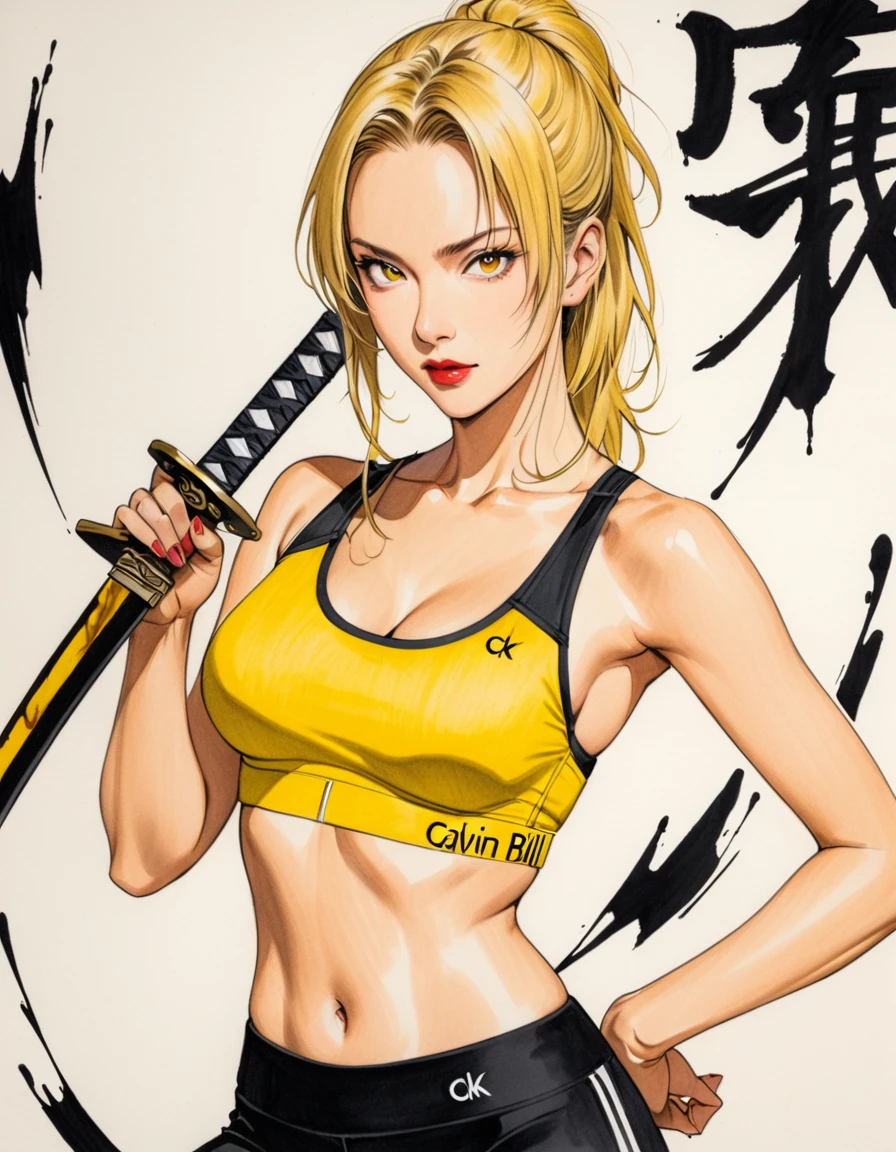 American woman with blond hair, Calvin Klein sports bra, yellow jersey, art, colored pencil drawings, ink paintings, (Japanese sword from the movie: Kill Bill), slashes drawn with ink and yellow paint, an exquisite collaboration of yellow and black.