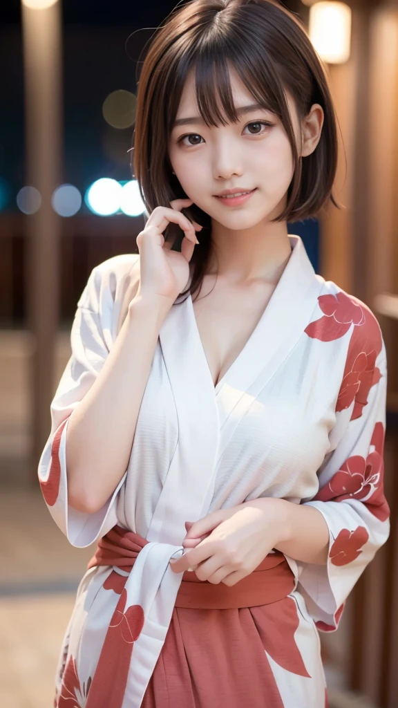 8k,Highest quality,(masterpiece:1.2),(Realistic),(Realistic:1.37),Ultra-high resolution,1 female college student,Fireworks display,night,smile,Beautiful Eyes,(((Cute Yukata))),Perfect body,Perfect Fingers,Professional Lighting,gravure,Detailed face and skin texture,fine grain,RAW Photos、Wearing white clothes、Red scarf