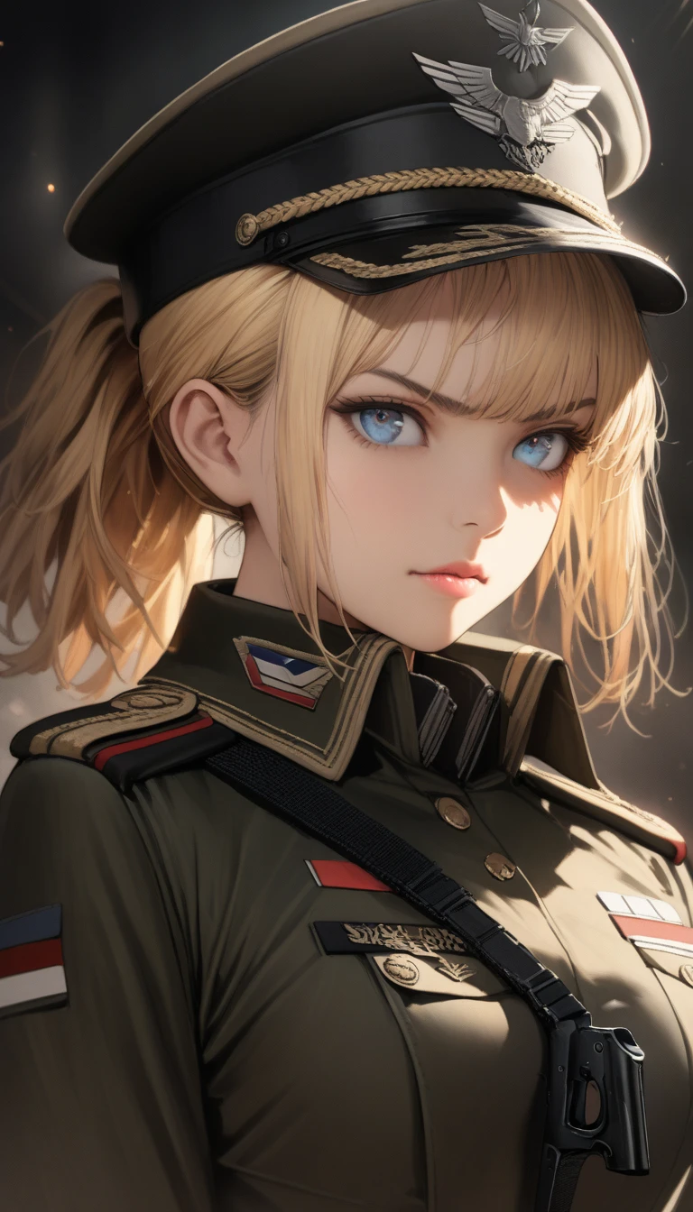 score_9, score_8_up, score_7_up, source_anime, best quality, amazing quality, absurdres, very aesthetic, 1girl, beautiful detailed eyes, beautiful detailed lips, military caps, military uniform, blue eyes, medium hair, Blonde hair, ponytail, holding army handgun, serious expression, side view, high quality, 8k, photorealistic, professional photography, cinematic lighting, dramatic shadows, muted color palette, gritty military style,