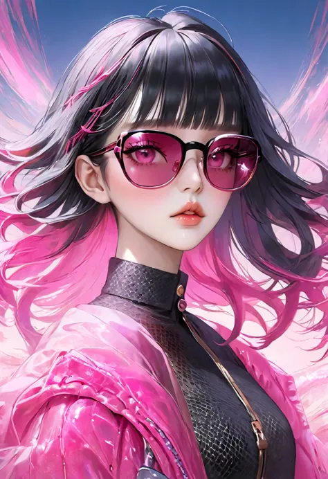 a beautiful girl with black hair, pink mesh hair and pink eyes, wearing sunglasses, a masterpiece, korean-style eye makeup, matu...