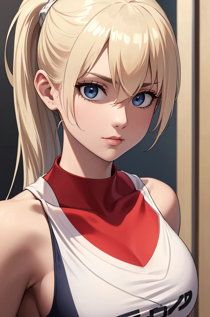 ((masterpiece:1.2, best quality)), Solitary, (Sportswear), Platinum Blonde, Long hair,  (top view, Front focus, Look straight ahead),Ponytail, Large Breasts,  