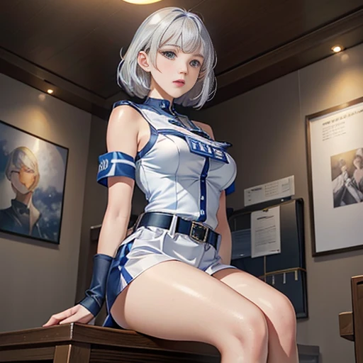 Ultra-high resolution, Ultra-high resolution, Ultra-high resolution, Ultra-high resolution, Awards, Attention to detail, Simple Background, masterpiece, Great illustrations, incomplete、Busty female police officer,Silver Hair、Police uniform, Shoulder pads, Cowboy Shot, Office Background, indoor, (belt, tight belt), (Armband, White sleeves), blue eyes、Confused Eyes、brainwashing、City of night、Shiny, shiny clothes,Adult、Red cheeks,Sexy pose、Sitting、Sulky face、Emphasis on upper body, very large breasts、princess、Looking down、A look of contempt、Eyes of pity、sadist,Looking down,See the trash,From below,