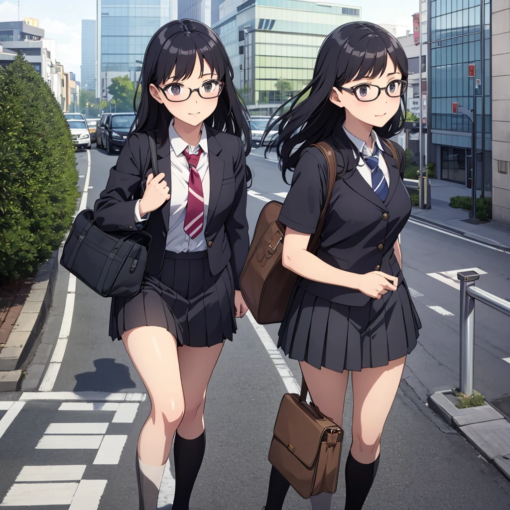 masterpiece, best quality, Extremely detailed, illustration,, (Fully equipped:1.4), 1 Girl, Glasses, Small Breasts, tie, skirt, Bag, Uniforms, Black Hair, outdoor, road, Between breasts, street, school Bag, Ground Vehicles, Community, Japan,,  