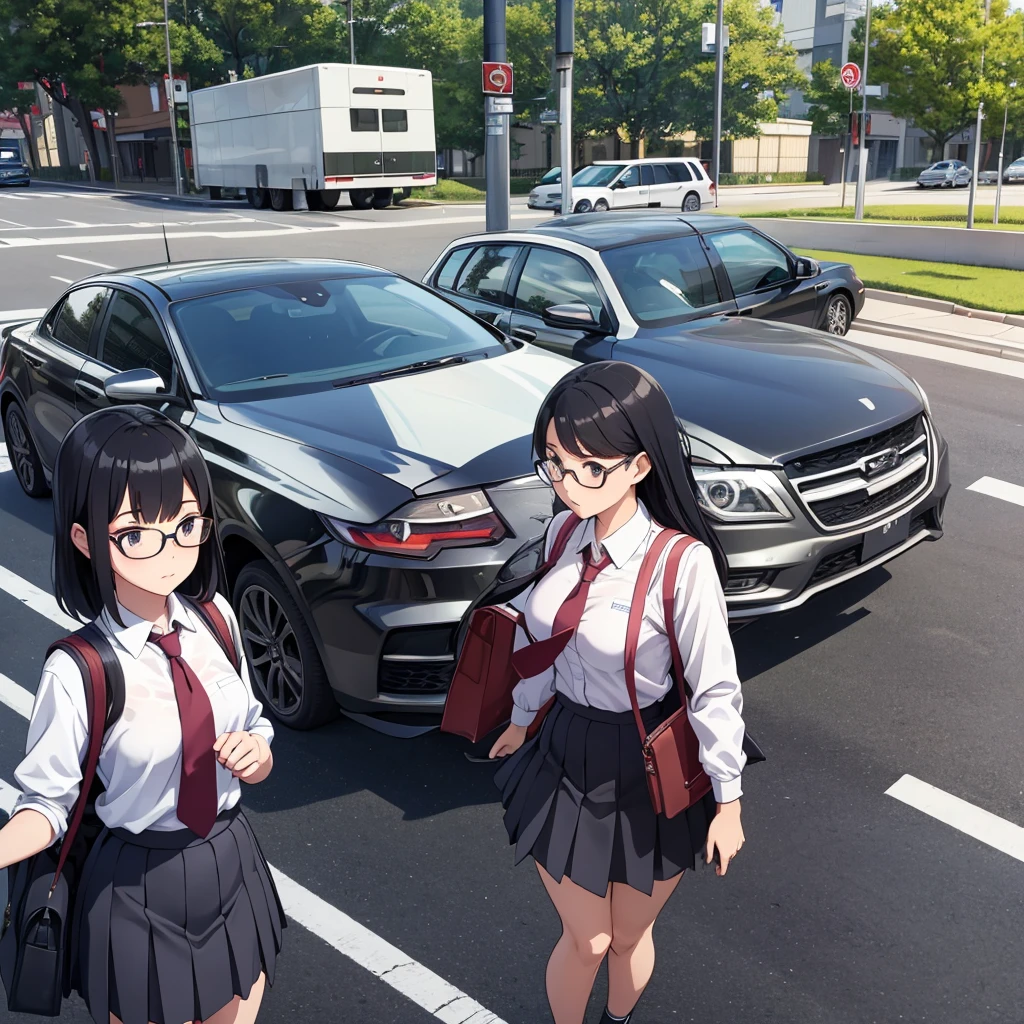 masterpiece, best quality, Extremely detailed, illustration,, (Fully equipped:1.4), 1 Girl, Glasses, Small Breasts, tie, skirt, Bag, Uniforms, Black Hair, outdoor, road, Between breasts, street, school Bag, Ground Vehicles, Community, Japan,,  