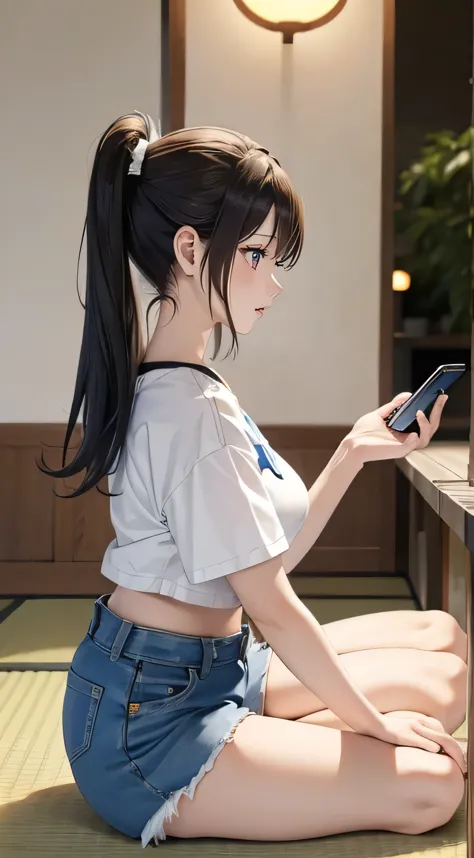 (side view), a young japanese idol girl with long black hair, (ample breasts). wearing a short-sleeved white t-shirt and denim s...