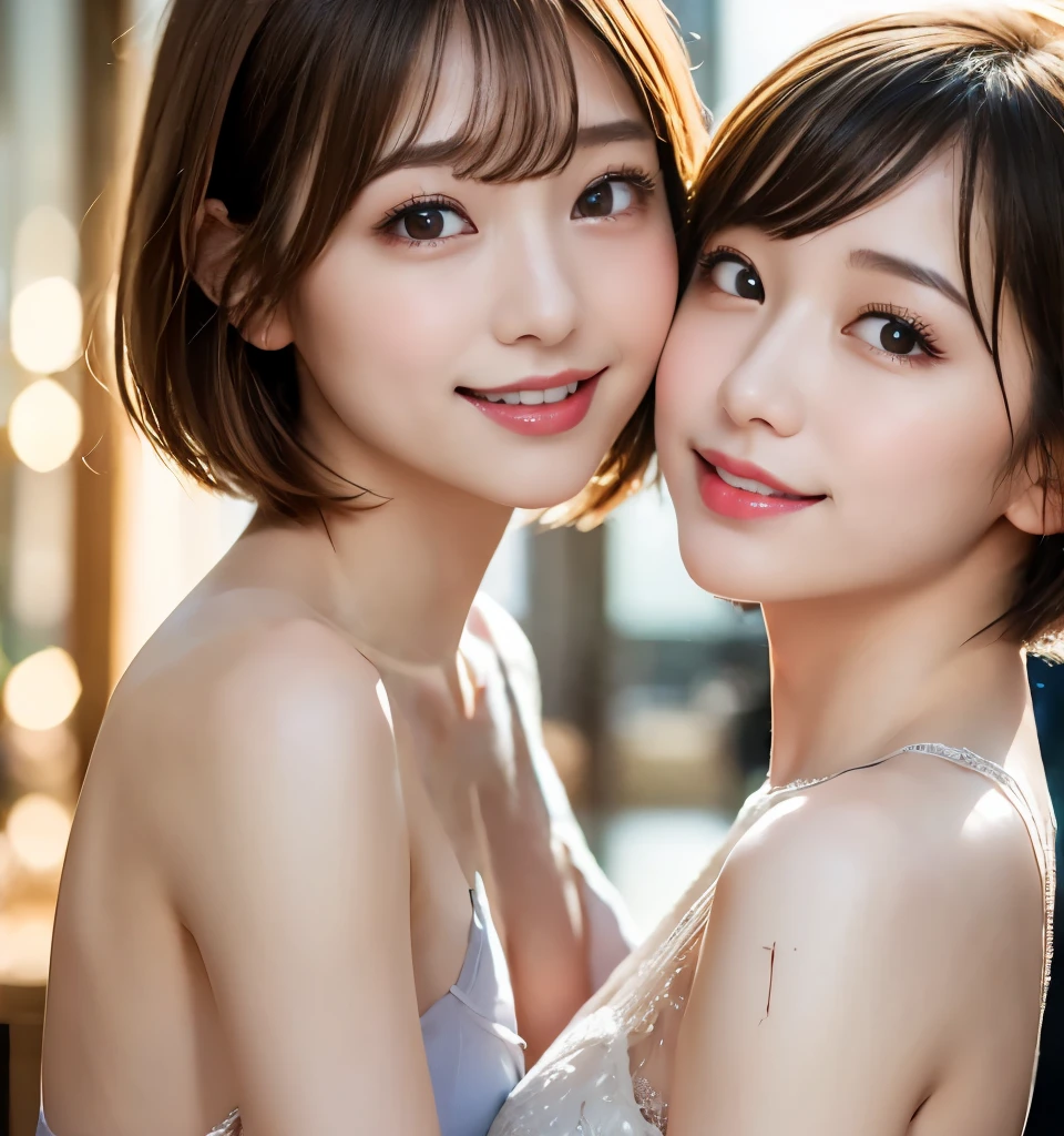 Highest quality、8k、Best image quality、Professional Lighting、Natural light、Ultra-high resolution、Clear photos、Beautiful and delicate skin、No makeup、thin、very cute３people々、(Bian、same-sex love、Love Each Other)、White skin、(Very short hair:1.6)、Brown Hair、(Small breasts、Flat Chest)、Large erect nipples、Exquisite appearance、(Affectionate３people々:1.8、kiss３people々:1.8、Embrace each other:1.8、Put your lips on it:1.6)、Detailed Background、３people々々idol group member:1.6、(Wearing white underwear:1.8、Small underwear、See-through underwear)、Full body photo、(Expressions of joy、Ecstasy)
