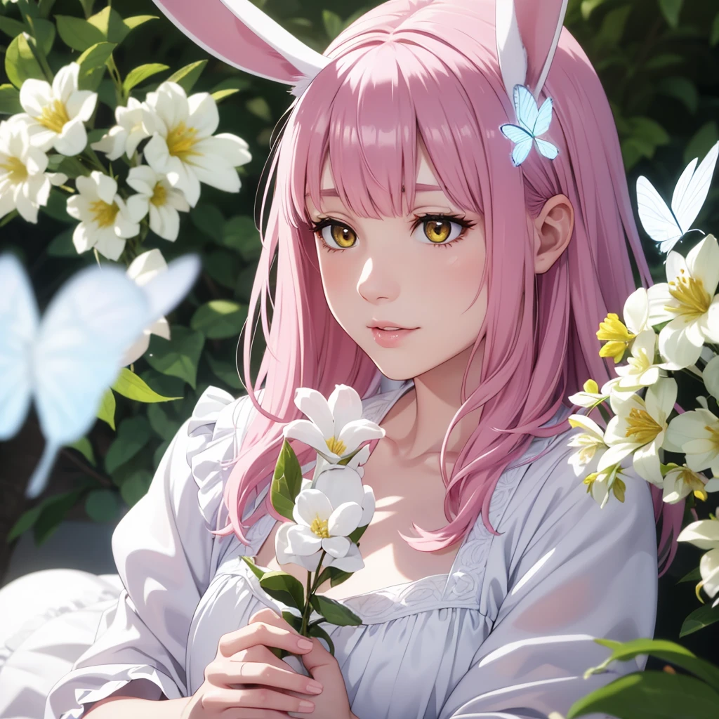 detail, realism, 4K, , 面部detail, Big yellow eyes, Full lips, with an upturned nose, Gray hair，With pink hair, Wearing a white dress, A rabbit in his hand, Flowers in the background, White butterfly in the foreground, Realistic shooting, Depth of Field, Soft front light, glow, HDR (Soft colors: 1.2), Canon RF 100mm F2.8L Macro IS USM