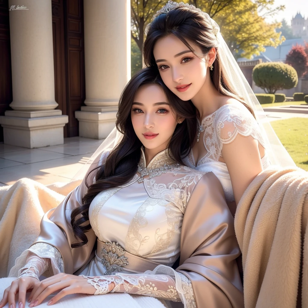 1girl, beautiful young woman, royal bride outfit, detailed face, alluring eyes, full lips, outdoor setting, selfie, soft lighting, warm colors, (best quality,4k,8k,highres,masterpiece:1.2),ultra-detailed,(realistic,photorealistic,photo-realistic:1.37),cinematic,beautiful detailed eyes,beautiful detailed lips,extremely detailed face and eyes,long eyelashes,intricate clothing textures,elegant posing,warm smile,romantic atmosphere