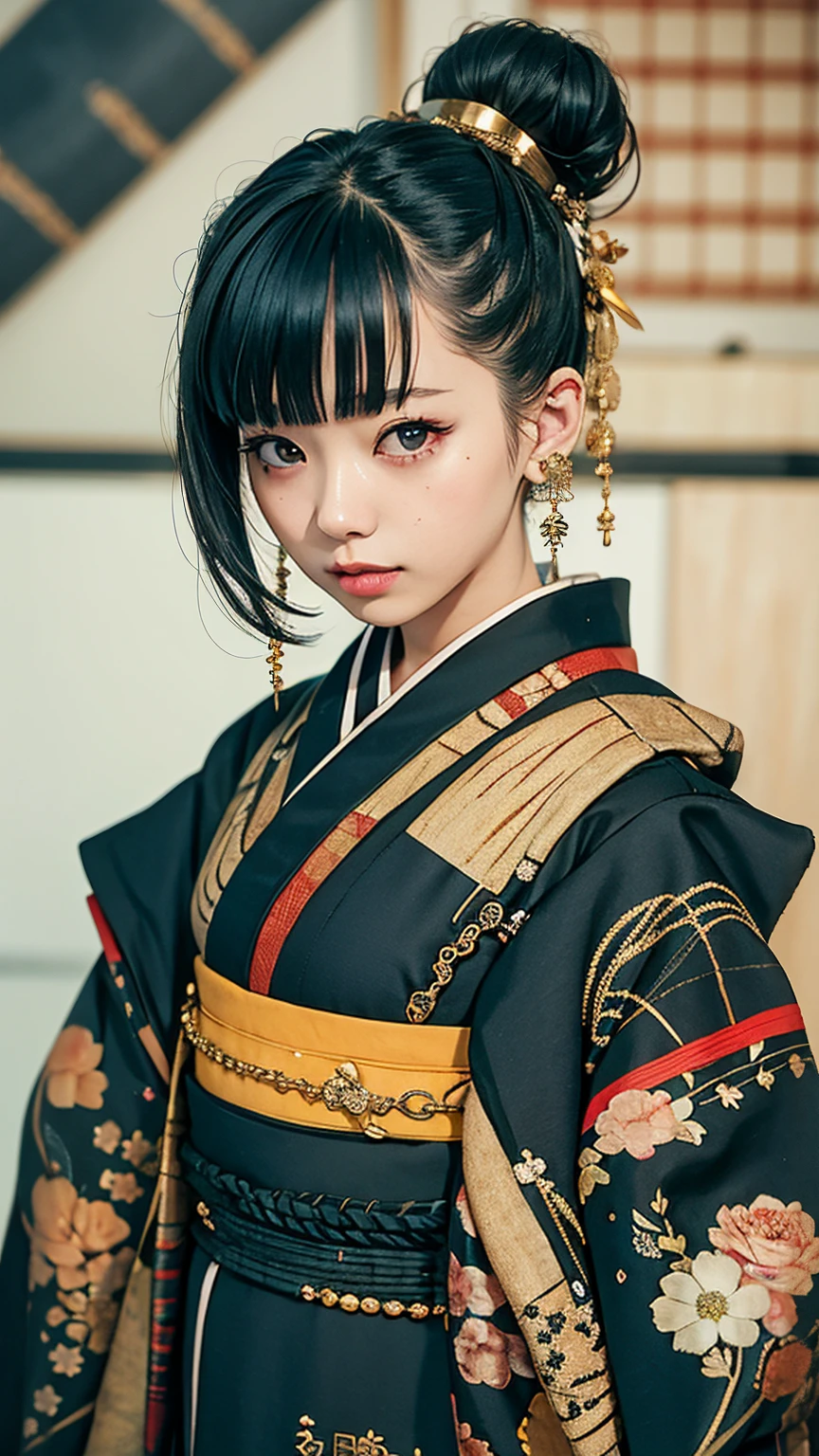 masterpiece, Highest quality, A solemn Japanese-style room with tatami mats, A large photograph of a woman from head to waist, Face from an angle, Chain-themed accessories, (Punk rock kimono, black地に赤＋gold:1.3), (black＋Orange Hair Color, Mid-length hair, Bun Hair), (blackい瞳, Sparkling eyes), (Lots of eyelashes)