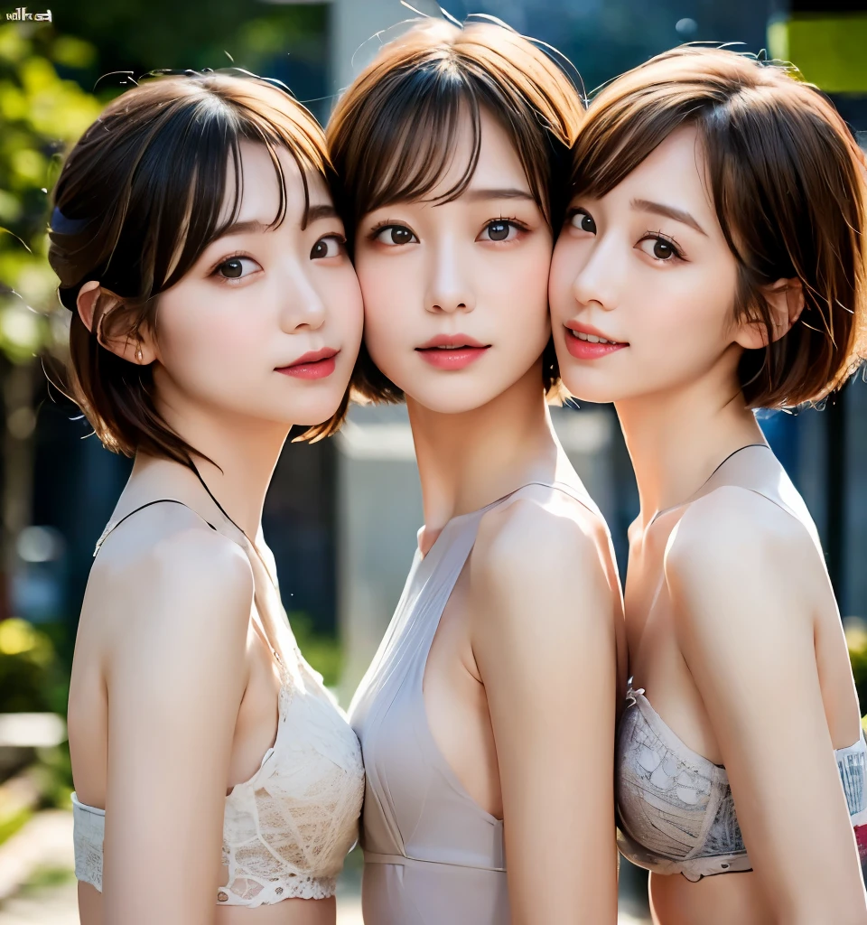 Highest quality、8k、Best image quality、Professional Lighting、Natural light、Ultra-high resolution、Clear photos、Beautiful and delicate skin、No makeup、thin、very cute３people々、(Bian、same-sex love、Love Each Other)、White skin、(Very short hair:1.6)、Brown Hair、(Small breasts、Flat Chest)、Large erect nipples、Exquisite appearance、(Affectionate３people々:1.8、kiss３people々:1.8、Embrace each other:1.8、Put your lips on it:1.6)、Detailed Background、３people々々idol group member:1.6、(Wearing white underwear:1.8、Small underwear、See-through underwear)、Full body photo、(Expressions of joy、Ecstasy)
