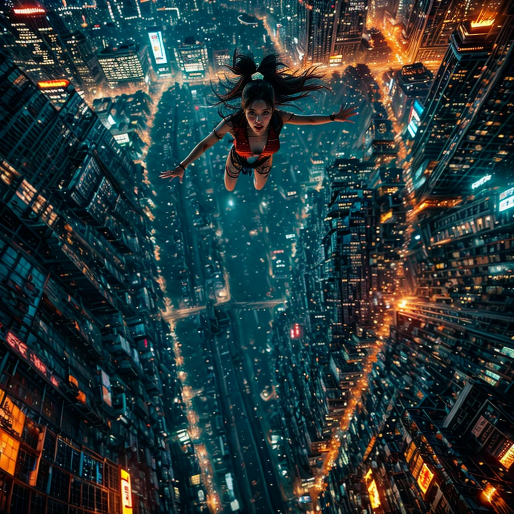 (xuer flies over) extremely detailed(sexy girl), (dramatic, gritty, intense:1.4), city, curved colorful horizon, (Luminism:1.28),