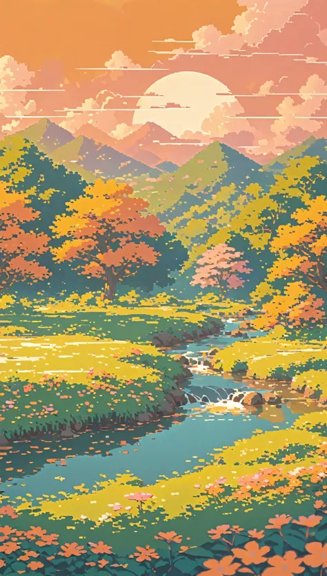 nature ultrawide landscape lofi pixel, no people ,cozy,orange pink