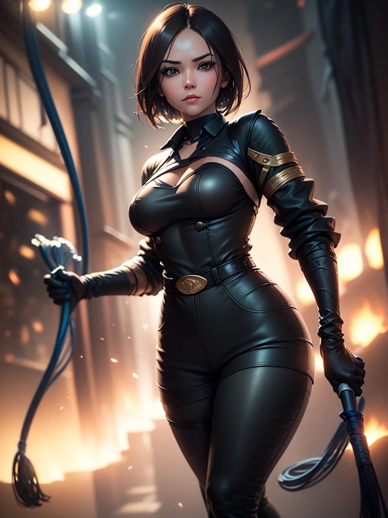 (at night), in a video game scene in the background of a beautiful city at night, raining, alone, standing looking straight ahead, military green military clothing, black gloves, semi-short hair, ((semi-short hair) short)), 1 girl, 30 years old, young woman, perfect hands, Beautiful fingers, Beautiful long legs, Beautiful body, Beautiful nose, Beautiful character design, perfect face, looking straight at the viewer with a serious and very upset gesture, brings grabbed a whip in his black hand (focusing on his face), closed mouth, light_smile, official art, extremely detailed CG unity 8k wallpaper, perfect lighting, bright and colorful front lighting, glowing skin (masterpiece: 1.0) , (Best_quality: 1.0), ultra High resolution, 4k, ultra detailed photography, 8K, hdr, High resolution, Nonsense:1.2, Kodak portrait 400, film grain, Background blur, bokeh:1.2, Lens flare, (vibrant_color :1.2), professional photography, (Beautiful, breasts: 1.4), (Beautiful_face: 1.5), (narrow waist),
