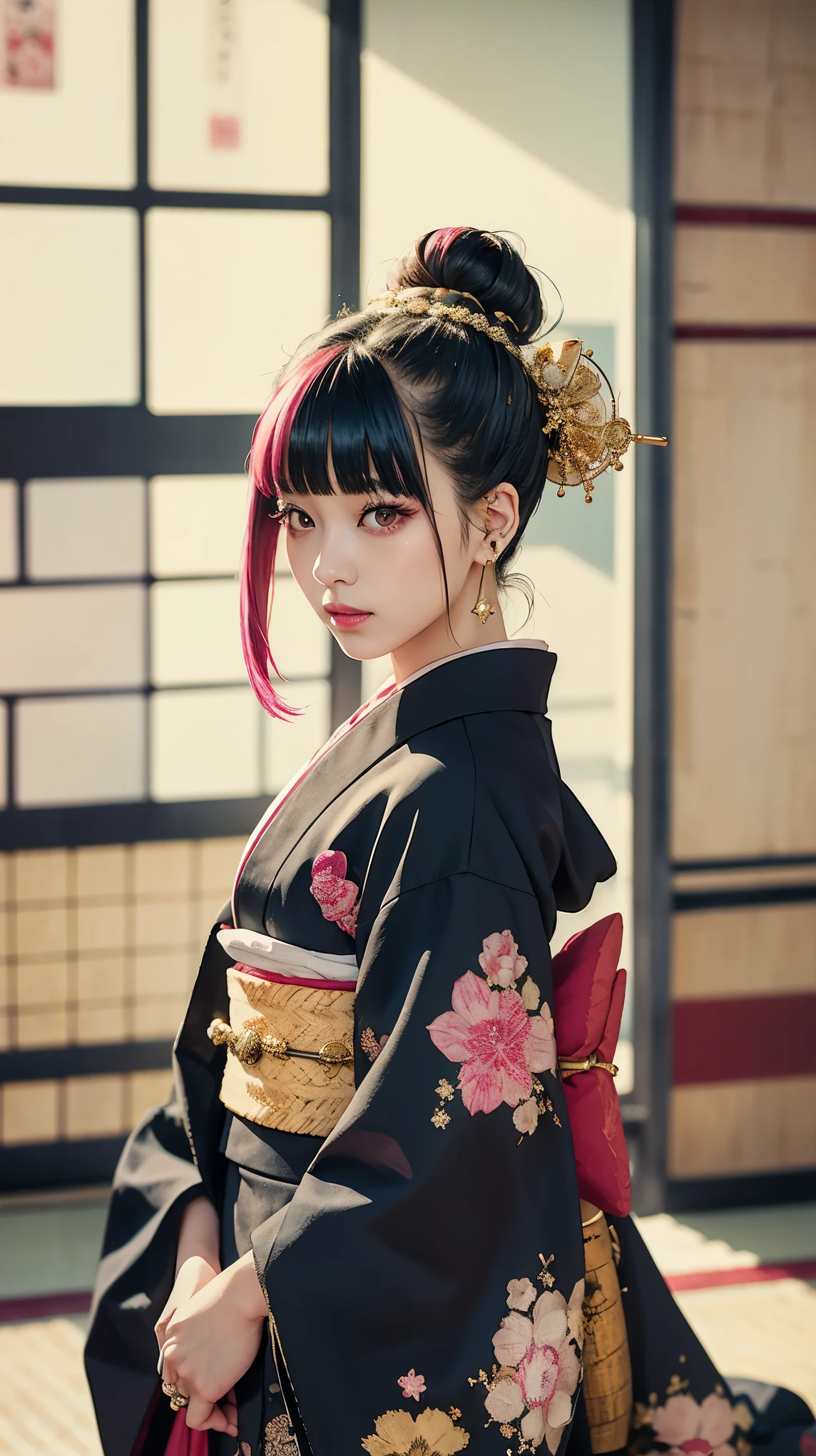 masterpiece, Highest quality, A solemn Japanese-style room with tatami mats, A large photograph of a woman from head to waist, Face from an angle, Chain-themed accessories, (Punk rock kimono, black地に赤＋gold:1.3), (black＋passion pink hair color, Mid-length hair, Bun Hair), (blackい瞳, Sparkling eyes), (Lots of eyelashes)