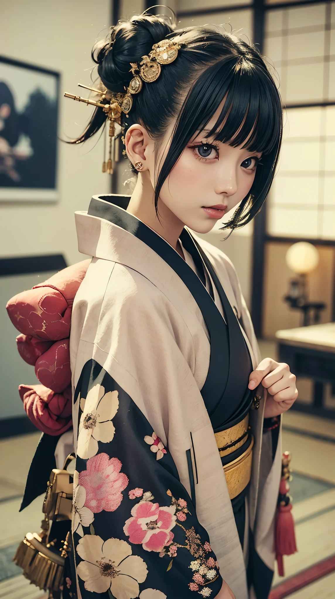 masterpiece, Highest quality, A solemn Japanese-style room with tatami mats, A large photograph of a woman from head to waist, Face from an angle, Chain-themed accessories, (Punk rock kimono, black地に赤＋gold:1.3), (black＋passion pink hair color, Mid-length hair, Bun Hair), (blackい瞳, Sparkling eyes), (Lots of eyelashes)